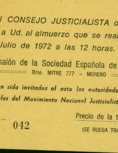 Tarjeta de invitación al almuerzo del Partido Justicialista de Moreno. CPM- Fondo DIPPBA- Div. Cen. AyF, Mesa A, Serie Partidos políticos por localidad, Legajo 5. Año 1972.