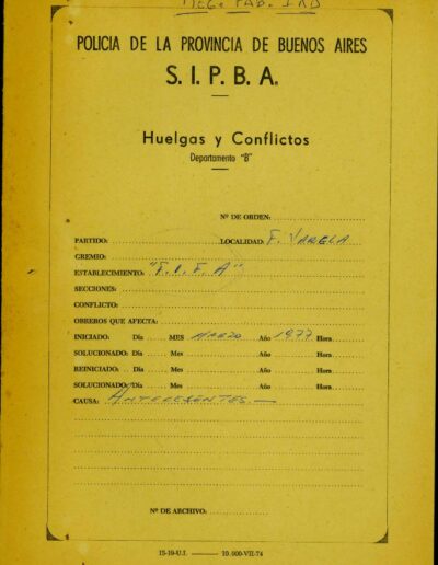 Carátula del legajo sobre F.I.F.A. CPM- Fondo DIPPBA- Div. Cen. AyF, Mesa B, Carpeta huelgas y conflictos. Año 1977.