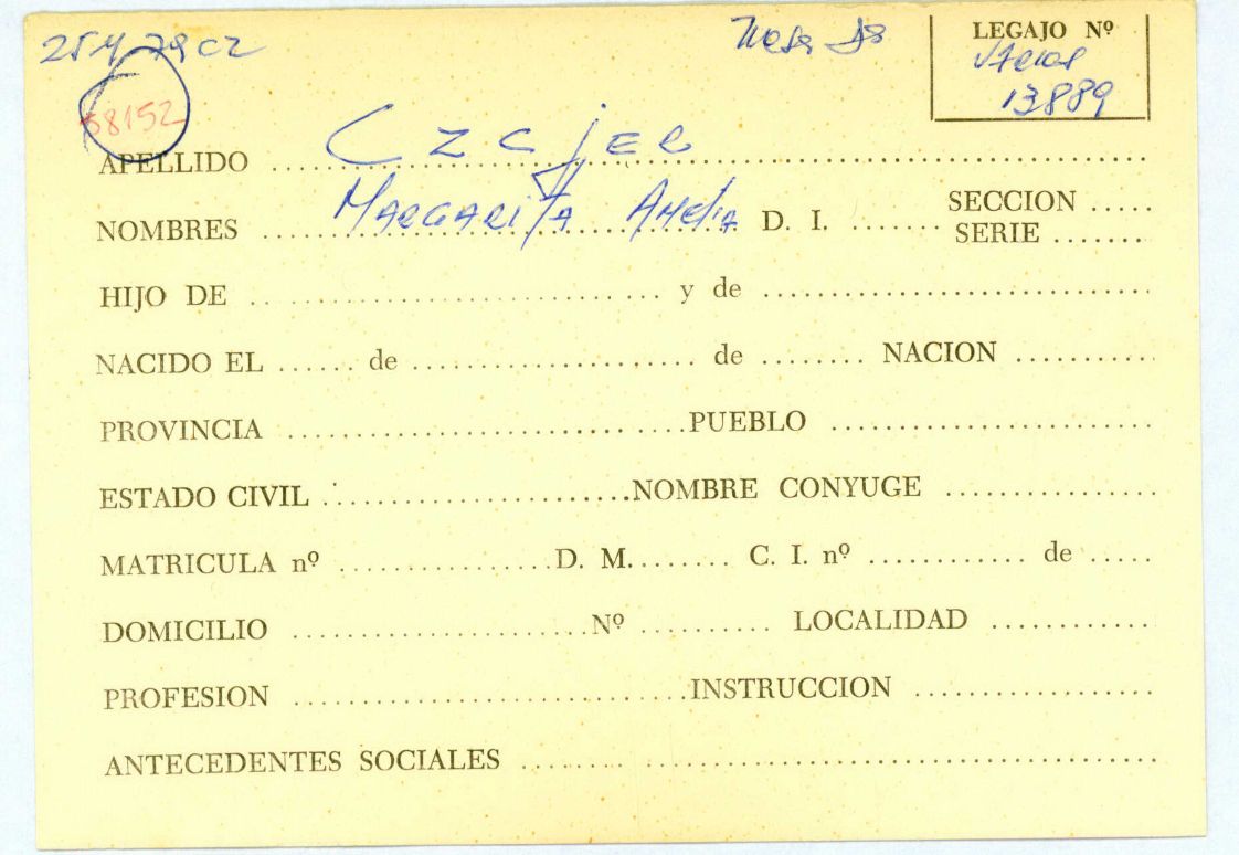 Ficha personal Czcjer Margarita Amelia que remite al legajo Mesa Ds Varios, 13.889- CPM – Fondo DIPPBA- Div. Cen. AyF, Fichero onomástico. Ficha personal Czcjer Margarita Amelia que remite al legajo Mesa Ds Varios, 13.889- CPM – Fondo DIPPBA- Div. Cen. AyF, Fichero onomástico.