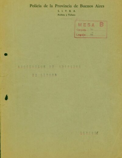 Carátula del legajo de la Asociación de Abogados de Lincoln. CPM- Fondo DIPPBA- Div. Cen. AyF, Mesa B, carpeta 70, legajo 56.