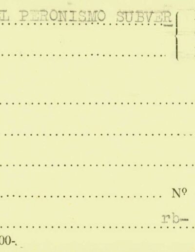 Ficha sobre investigación “actividad del peronismo subversivo” que remite al legajo Mesa DS 662. CPM- Fondo DIPPBA- Div. Cen. AyF, fichero por acontecimientos por localidad, Asunto: