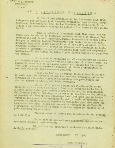 Volante del Comité Pro-Irradiación del Ituzaingó Golf Club, titulado “Más Viviendas populares”. CPM- Fondo DIPPBA- Div. Cen. AyF. Mesa De, por localidad, legajo 41. Año 1964