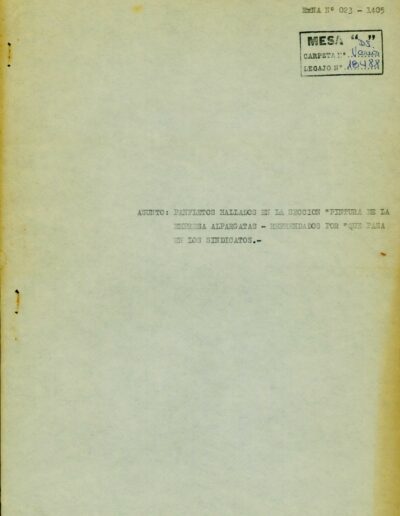 Carátula del legajo “Panfletos hallados en la sección pintura de la empresa alpargatas. CPM- Fondo DIPPBA- Div. Cen. AyF, Mesa Ds, Carpeta Varios, Legajo 18488.