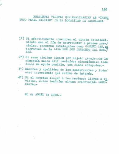 Pedido de información; legajo sobre la Liga Argentina por los derechos del hombre, en la que se intenta averiguar su actuación con presos políticos de Magdalena. CPM- Fondo DIPPBA – Div. Cen. AyF, Mesa C, carpeta 5, Legajo 81. Año 1960