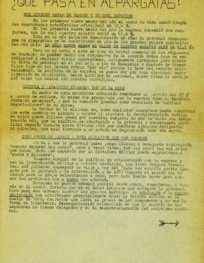 Panfleto de Qué pasa en los sindicatos: “¿Qué pasa en Alpargatas”. CPM- Fondo DIPPBA- Div. Cen. AyF, Mesa Ds, Carpeta Varios, Legajo 18488.