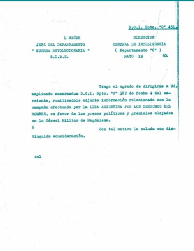 Informe de inteligencia; legajo sobre la Liga Argentina por los derechos del hombre, en la que se intenta averiguar su actuación con presos políticos de Magdalena. CPM- Fondo DIPPBA – Div. Cen. AyF, Mesa C, carpeta 5, Legajo 81. Año 1960.