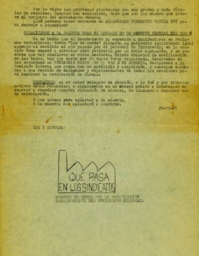 Panfleto de Qué pasa en los sindicatos: “¿Qué pasa en Alpargatas”. CPM- Fondo DIPPBA- Div. Cen. AyF, Mesa Ds, Carpeta Varios, Legajo 18488.