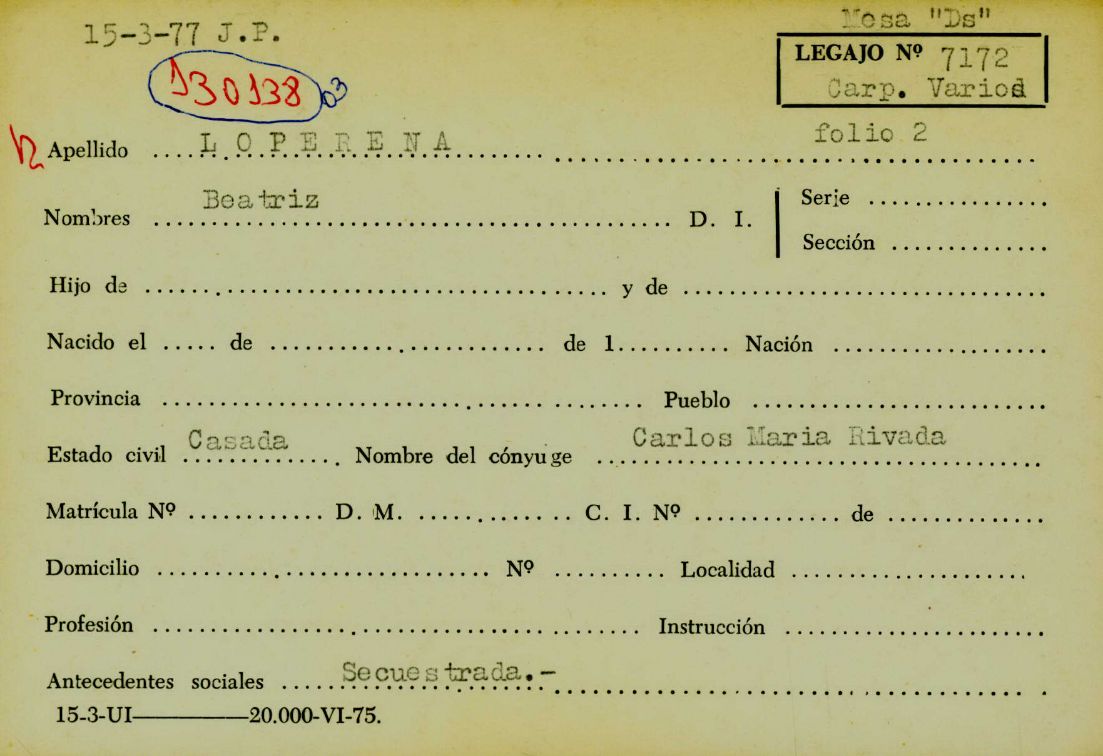 0043 Ficha por pintadas, que remite al legajo mesa DS, carpeta varios, número 2359. CPM- Fondo DIPPBA- Div. Cen. AyF. Fichero de acontecimientos por localidad. Año 1974.