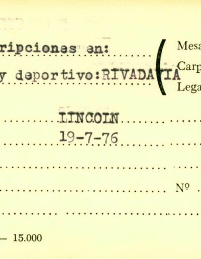 Ficha de “Inscripción del E.R.P. en club social y deportivo Rivadavia que remite al legajo de la Mesa DS 8304. CPM- Fondo DIPPBA- Div. Cen. AyF. Fichero Mesa DS por localidad. Año 1977.