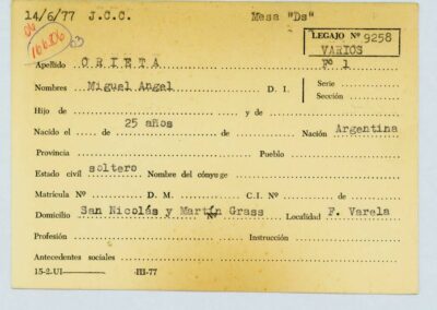 Ficha de Orienta Miguel Angel que remite al legajo Mesa Ds 9258. CPM-Fondo DIPPBA- Div. Cen. AyF, fichero onomástico. Año 1977.