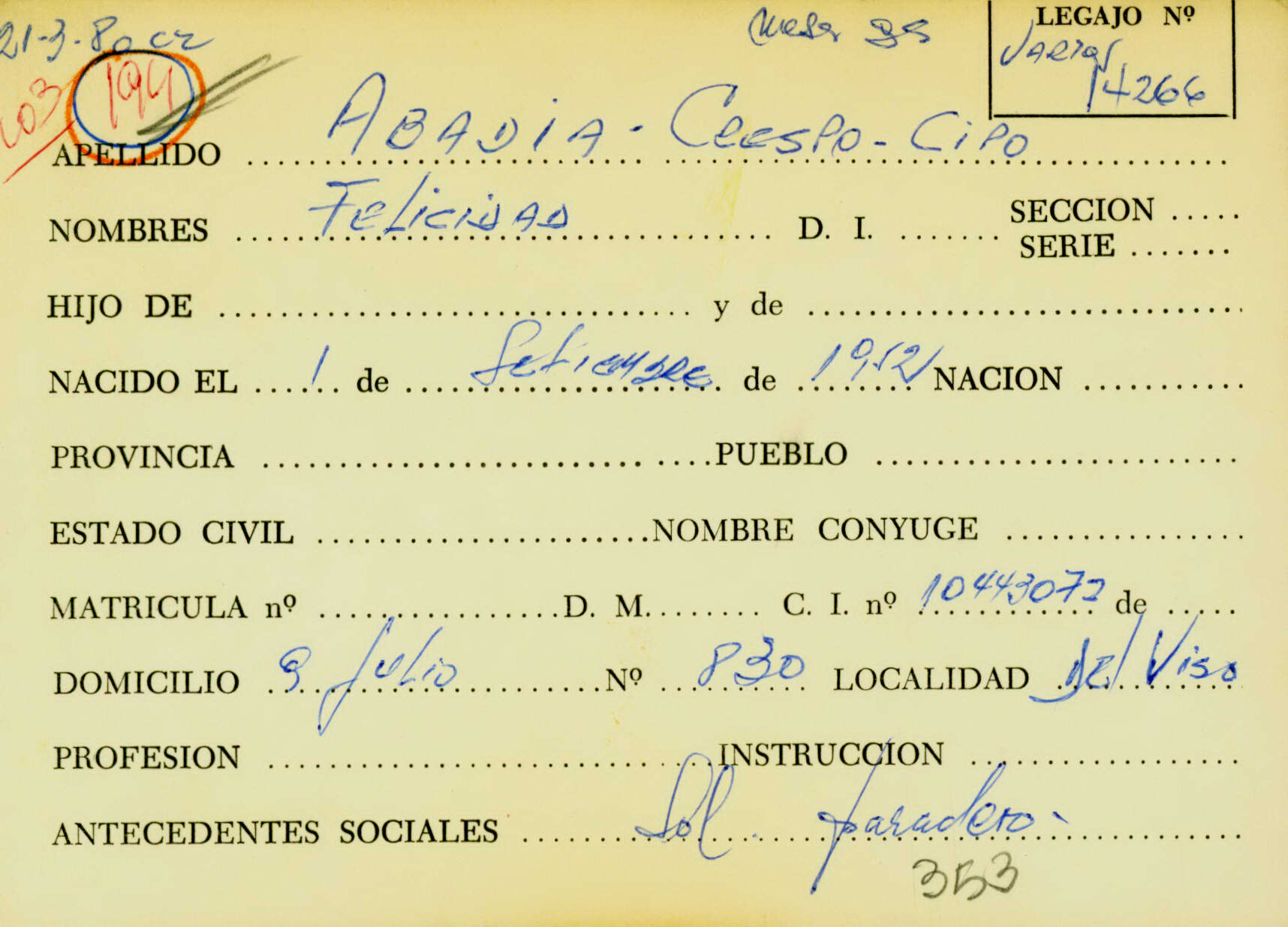 Ficha de Abadia Crespo Cipo Felicidad que remite al legajo Mesa Ds 14266. CPM-Fondo DIPPBA- Div. Cen AyF, fichero onomástico. Año 1980. Ficha de Abadia Crespo Cipo Felicidad que remite al legajo Mesa Ds 14266. CPM-Fondo DIPPBA- Div. Cen AyF, fichero onomástico. Año 1980.
