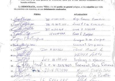 Petitorio en rechazo de toda medida del Poder Ejecutivo, Legislativo y Judicial a favor del Punto Final. Año 1986.
