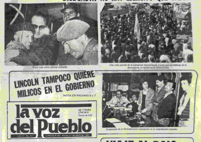Tapa del periódico local La Voz del Pueblo que muestra una importante movilización popular en contra de la “Rebelión Carapintada” de Semana Santa. 21 de abril de 1987.